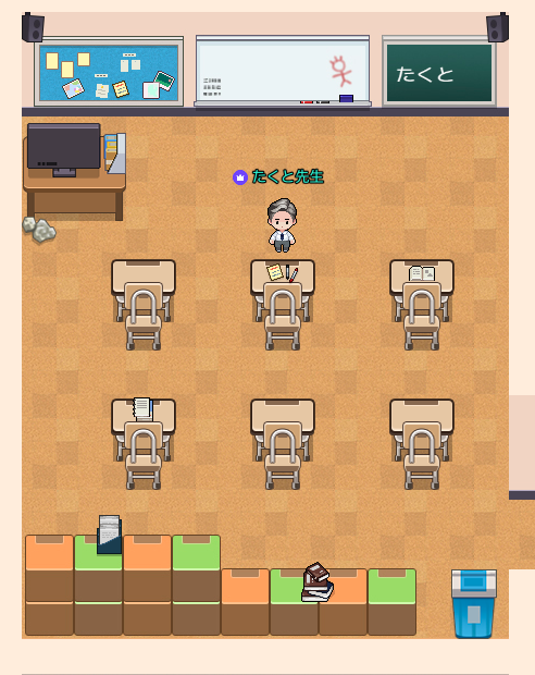 ZEPのバーチャル教室。たくと先生と机が並ぶメタバース空間