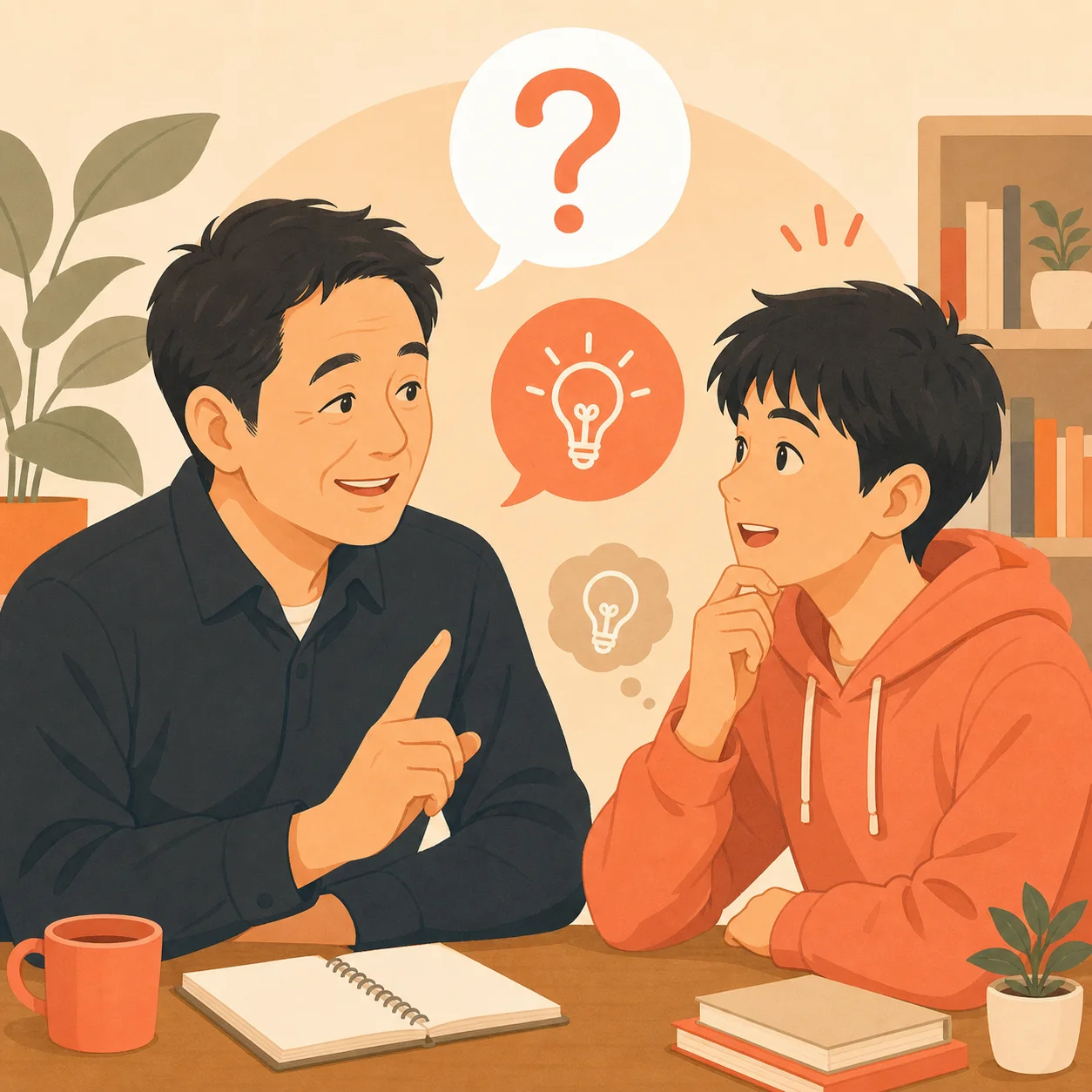 先生と生徒が対話でコーチングするイメージ